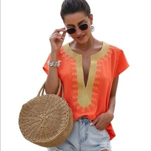 Tribal Embroidery Notched Neck Blouse